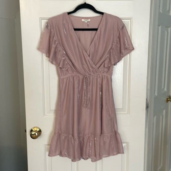 Andrée By Unit Shimmer Medium Dress Faux Wrap Fairy Sleeve Pink Tie at Waist - Picture 2 of 8